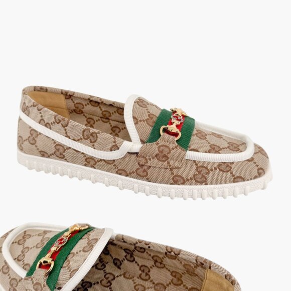 Gucci Interlocking G Horsebit Driving Loafers EU 37 US 7 Beige GG Monogram Flat - Picture 10 of 13